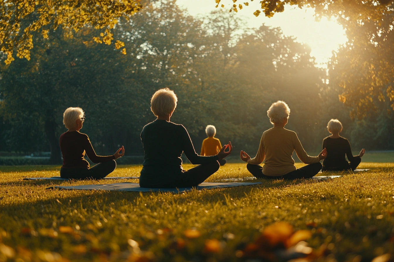 Група пенсіонерів практикує йогу на свіжому повітрі